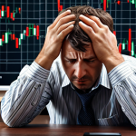 Forex trader overwhelmed by losses, head in hands, chaotic charts in background.