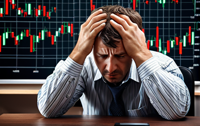 Forex trader overwhelmed by losses, head in hands, chaotic charts in background.
