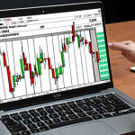 **

A beginner learning Forex trading, looking at a currency pair chart (EUR/USD) on a laptop with basic indicators like moving averages. The scene should convey a sense of cautious optimism and learning. Focus on showing the technical analysis aspect.

**
