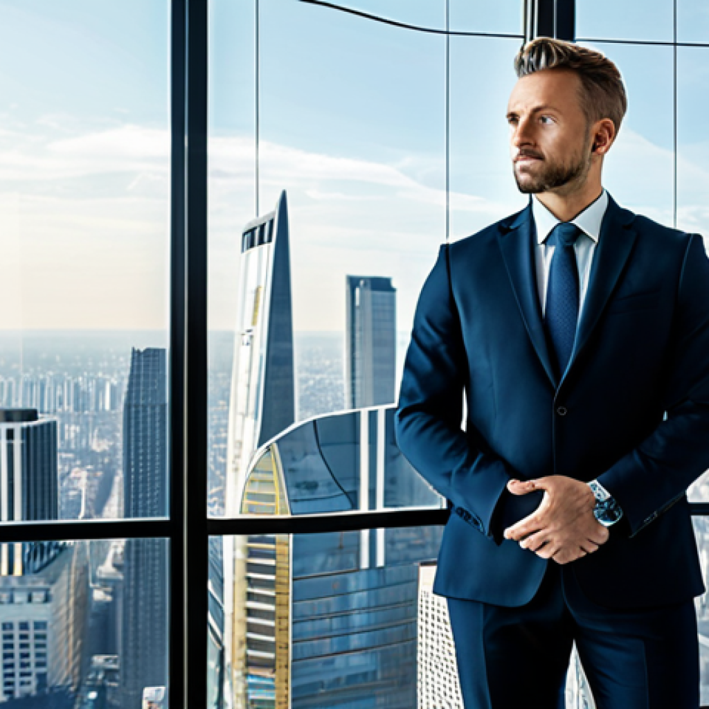 A professional forex manager in a modest business suit, standing thoughtfully in a modern, well-lit office with a panoramic view of a stylized global cityscape. Subtle digital overlays on the window display abstract financial trends and data points, symbolizing strategic foresight. The pose is natural and confident, reflecting a forward-looking perspective. fully clothed, appropriate attire, safe for work, perfect anatomy, correct proportions, natural pose, well-formed hands, proper finger count, natural body proportions, professional photography, high quality, family-friendly.