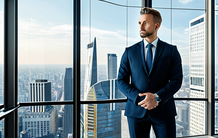 A professional forex manager in a modest business suit, standing thoughtfully in a modern, well-lit office with a panoramic view of a stylized global cityscape. Subtle digital overlays on the window display abstract financial trends and data points, symbolizing strategic foresight. The pose is natural and confident, reflecting a forward-looking perspective. fully clothed, appropriate attire, safe for work, perfect anatomy, correct proportions, natural pose, well-formed hands, proper finger count, natural body proportions, professional photography, high quality, family-friendly.