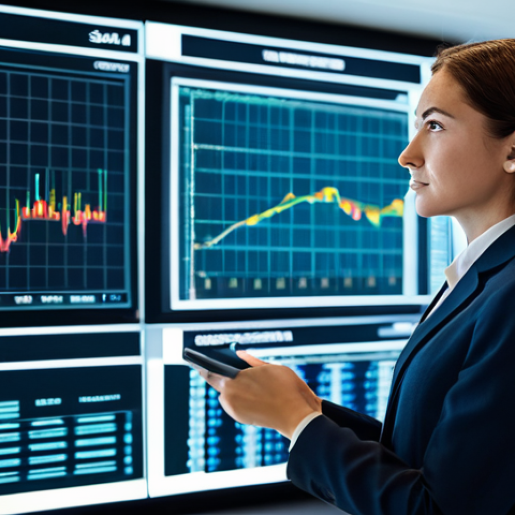 A professional financial analyst, fully clothed in a modest business suit, stands in a sleek, futuristic financial control room. They are interacting with large, transparent holographic screens that display intricate, real-time market data, AI-generated predictions, and complex data visualizations. Luminous lines and interconnected data points represent vast big data analysis, creating an atmosphere of advanced strategic decision-making and foresight. The analyst maintains a focused and confident natural pose. This is a high-quality professional photography shot, safe for work, appropriate content, fully clothed, professional dress, perfect anatomy, correct proportions, natural body proportions, well-formed hands, proper finger count.