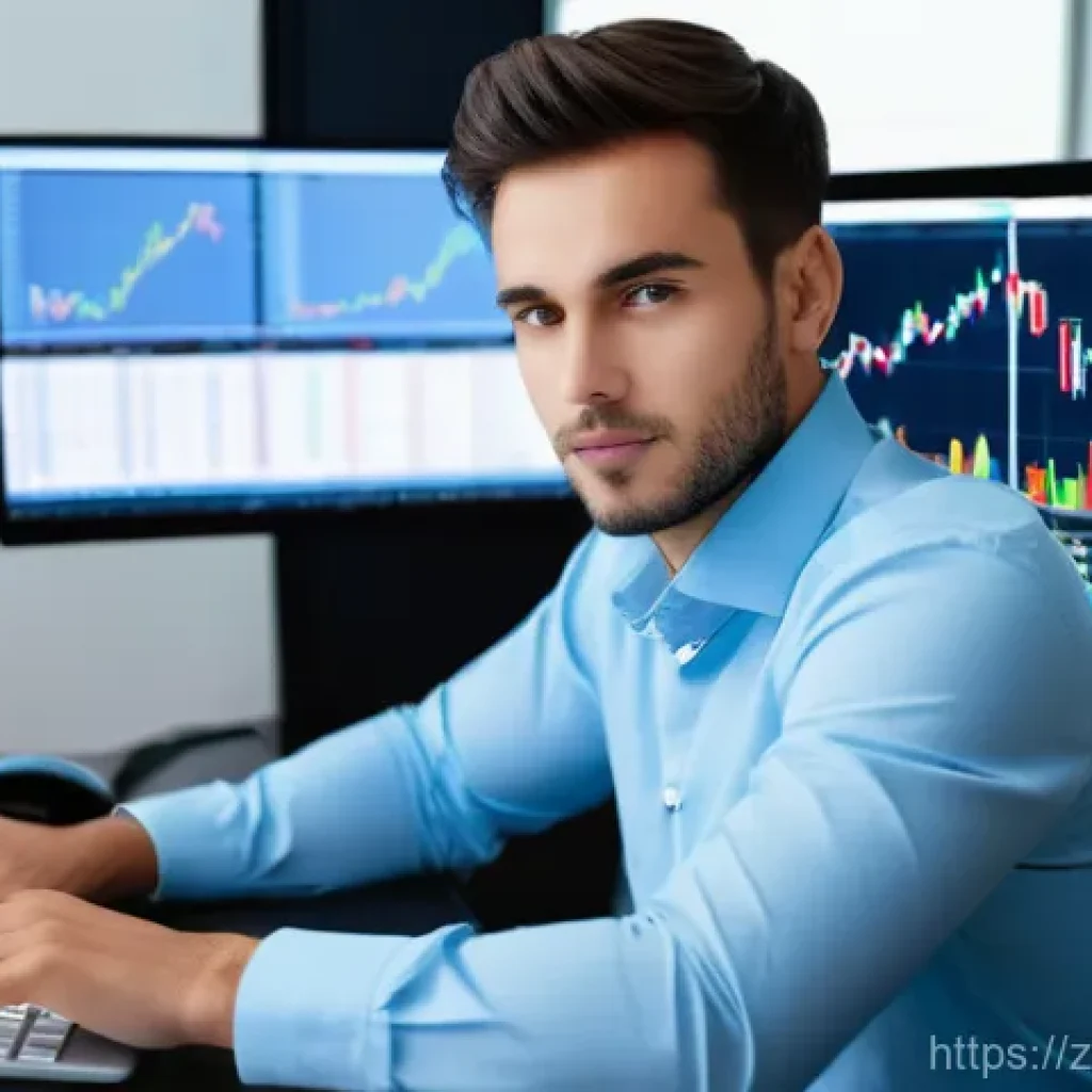 외환관리사와 외환 거래 전략 공유 - **Prompt:** A focused and composed male forex trader, in his late 20s, wearing a crisp light blue bu...