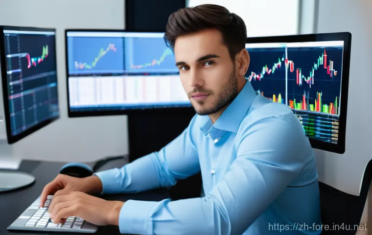 외환관리사와 외환 거래 전략 공유 - **Prompt:** A focused and composed male forex trader, in his late 20s, wearing a crisp light blue bu...