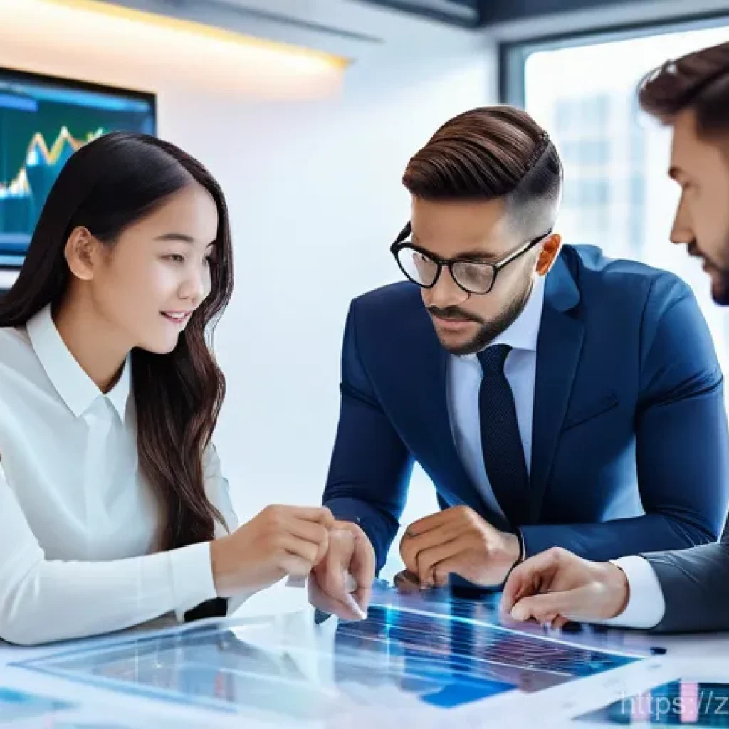 외환관리사 자격증과 MBA 병행 - **A dynamic, modern office environment:** A diverse group of young professionals (men and women, 20s...