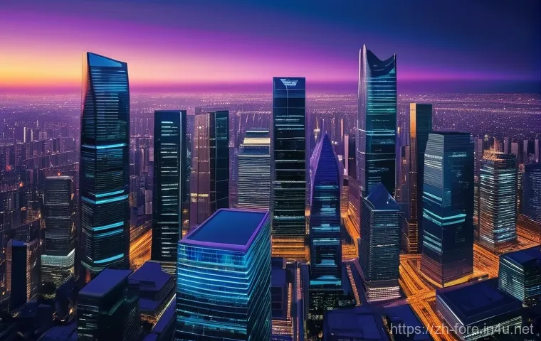 외환관리사와 국제 금융 트렌드 - **Global Financial Influence**: An intricate, dynamic cityscape viewed at twilight, with tall, sleek...