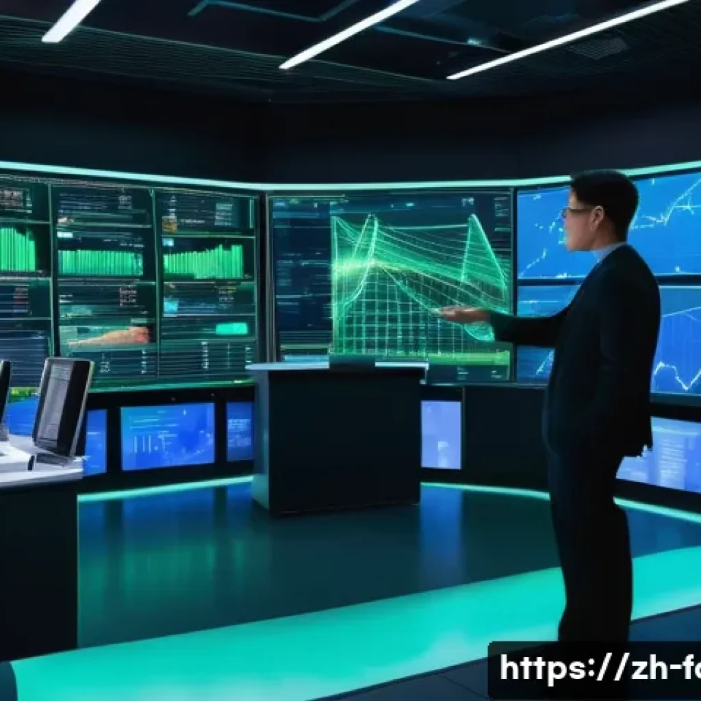 외환관리사와 다국적 기업 사례 - **Prompt:** A dynamic, wide shot of a futuristic control room, bathed in cool blue and green light. ...
