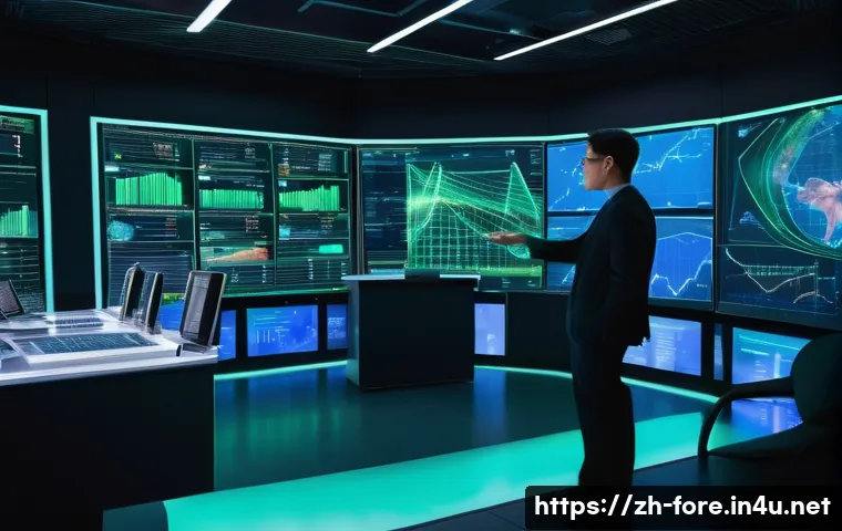 외환관리사와 다국적 기업 사례 - **Prompt:** A dynamic, wide shot of a futuristic control room, bathed in cool blue and green light. ...