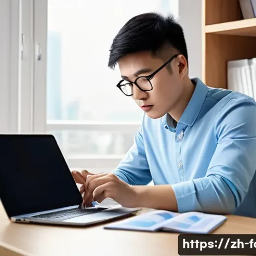 외환관리사 필기시험 고득점 전략 - A modern study desk scene with a young Chinese adult student efficiently organizing their forex exam...