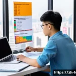 외환관리사 시험 과락 방지 전략 - A modern study environment featuring a young Chinese adult in casual clothing, sitting at a neat des...