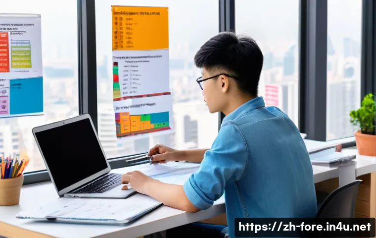 외환관리사 시험 과락 방지 전략 - A modern study environment featuring a young Chinese adult in casual clothing, sitting at a neat des...