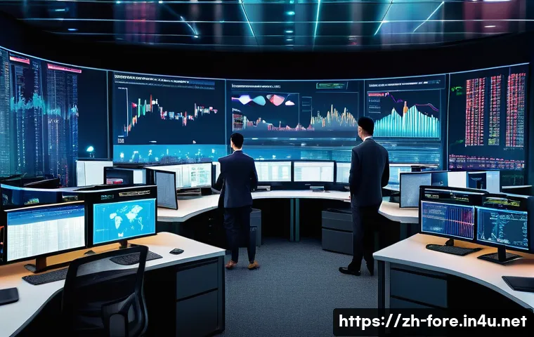 외환관리사와 외환 시장 변화 사례 - A sophisticated trading office scene featuring a professional forex risk manager analyzing multiple ...