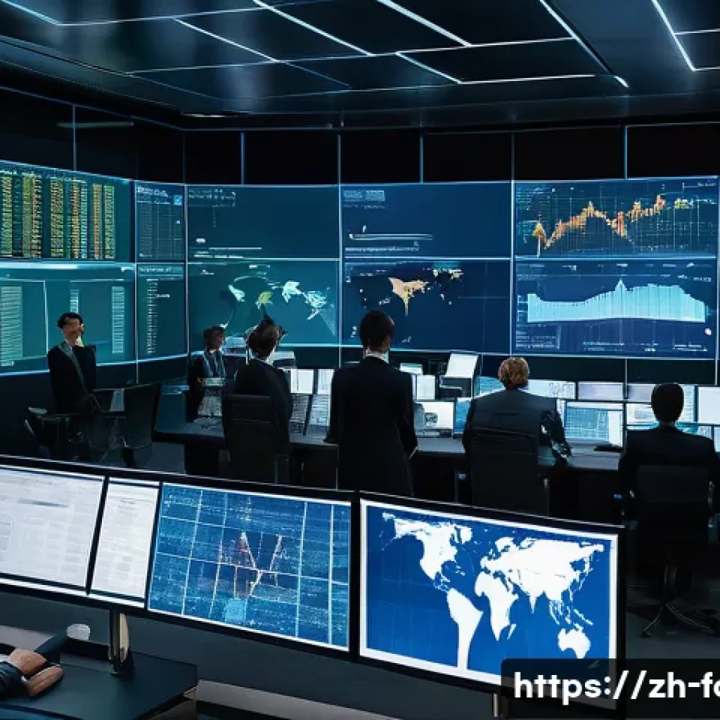 외환관리사와 국제 결제 시스템 - A detailed futuristic international finance control room scene showing a diverse team of professiona...