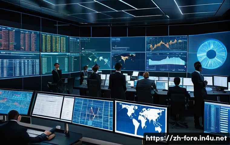 외환관리사와 국제 결제 시스템 - A detailed futuristic international finance control room scene showing a diverse team of professiona...