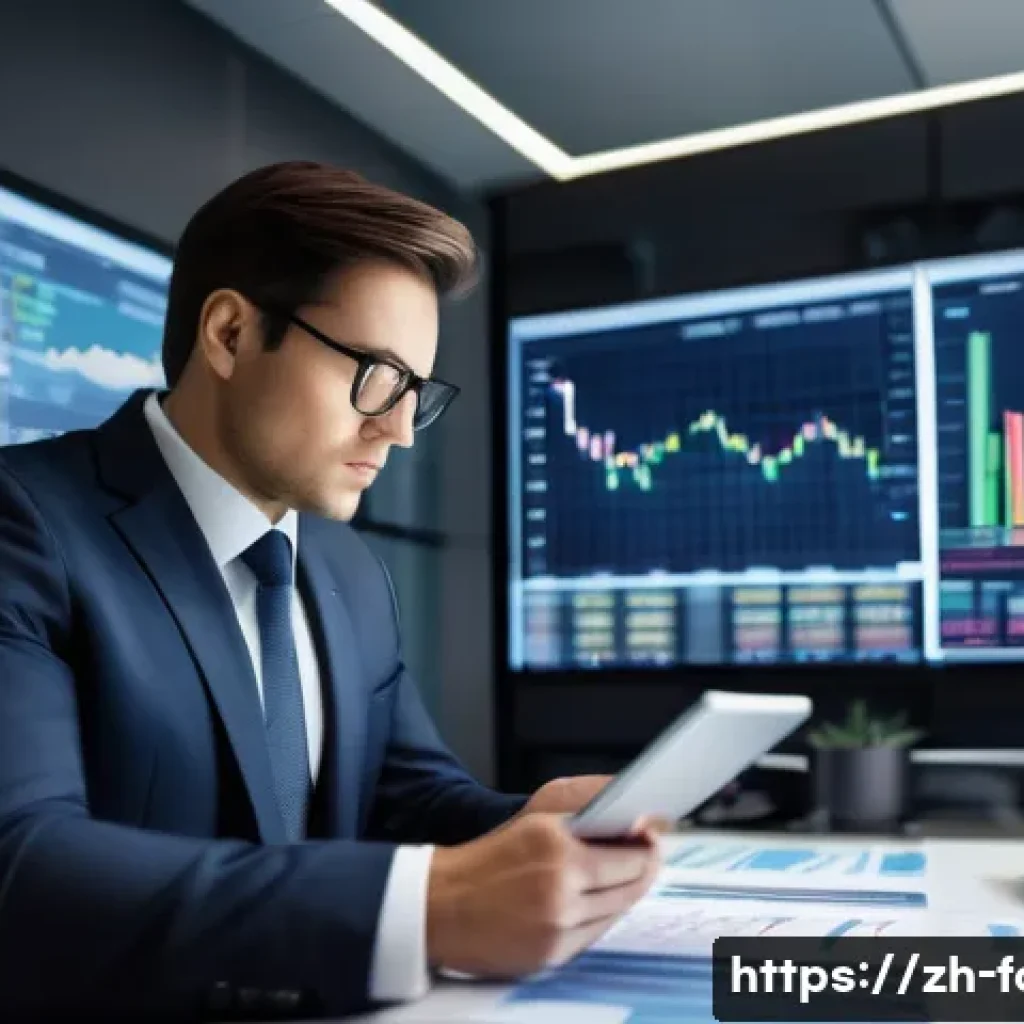 외환관리사 직무 분석 - A modern office scene featuring a professional forex manager analyzing multiple large screens displa...