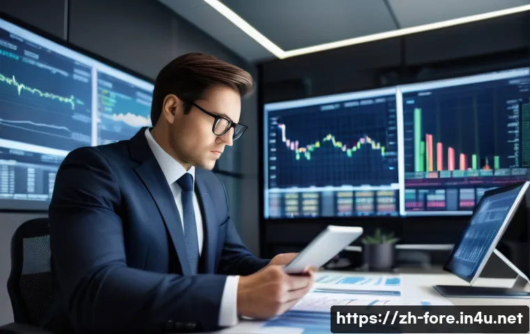 외환관리사 직무 분석 - A modern office scene featuring a professional forex manager analyzing multiple large screens displa...