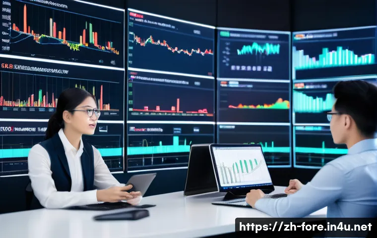외환관리사와 글로벌 금융 사례 - A modern corporate office setting with a diverse team of professionals analyzing dynamic forex marke...