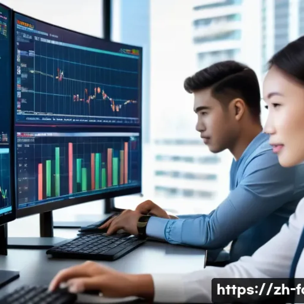외환관리사와 외환 위험 분석 - A modern financial office scene showing a diverse team of professionals analyzing global forex marke...