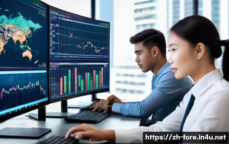 외환관리사와 외환 위험 분석 - A modern financial office scene showing a diverse team of professionals analyzing global forex marke...