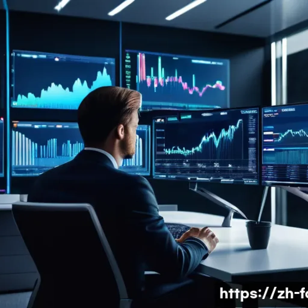 외환관리사와 핀테크 트렌드 - A sleek, modern forex trading office scene showcasing an automated trading system in action on multi...