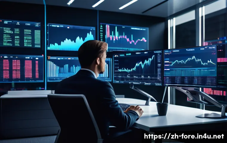 외환관리사와 핀테크 트렌드 - A sleek, modern forex trading office scene showcasing an automated trading system in action on multi...