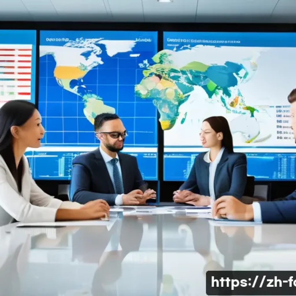 외환관리사와 외환 리스크 관리 전략 - A modern multinational corporate office scene showcasing a diverse team of professionals analyzing d...