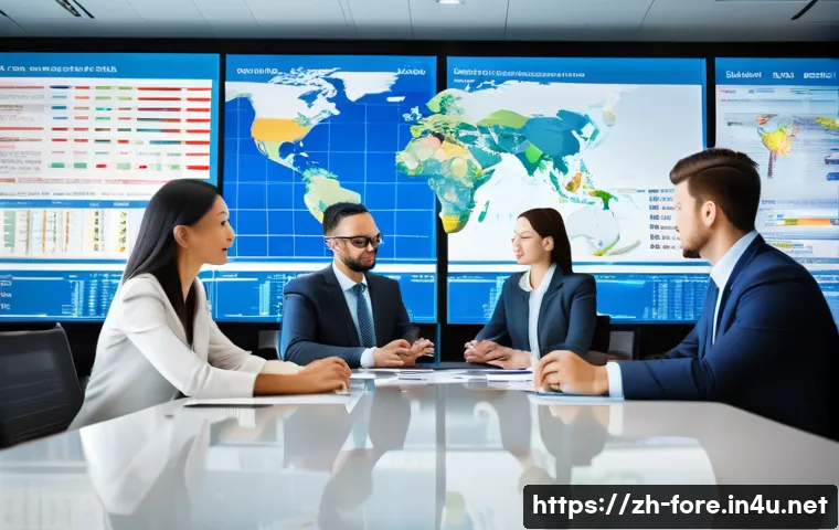 외환관리사와 외환 리스크 관리 전략 - A modern multinational corporate office scene showcasing a diverse team of professionals analyzing d...