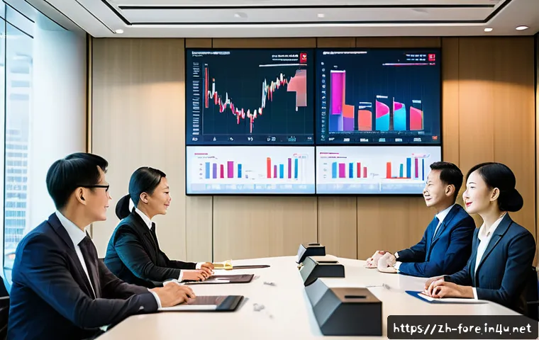 외환관리사와 외환 정책 제안 사례 - A modern corporate office scene featuring a diverse team of professionals in business attire discuss...