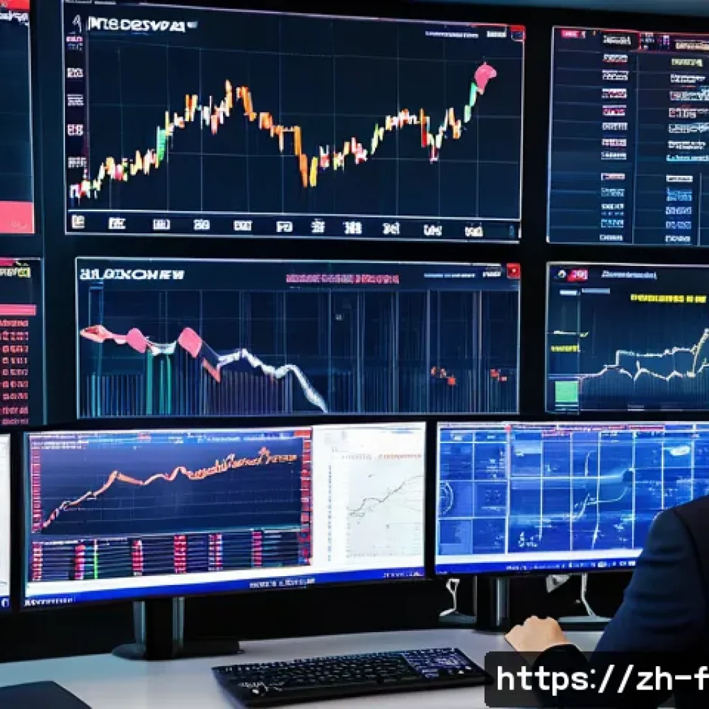 외환관리사와 외환 시장 변화 트렌드 분석 - A modern, sleek trading room with multiple large screens displaying dynamic forex charts and global ...