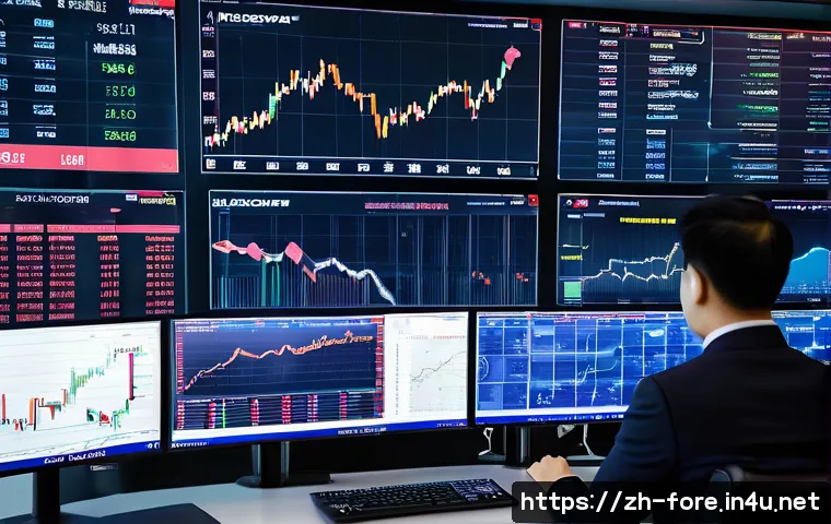 외환관리사와 외환 시장 변화 트렌드 분석 - A modern, sleek trading room with multiple large screens displaying dynamic forex charts and global ...