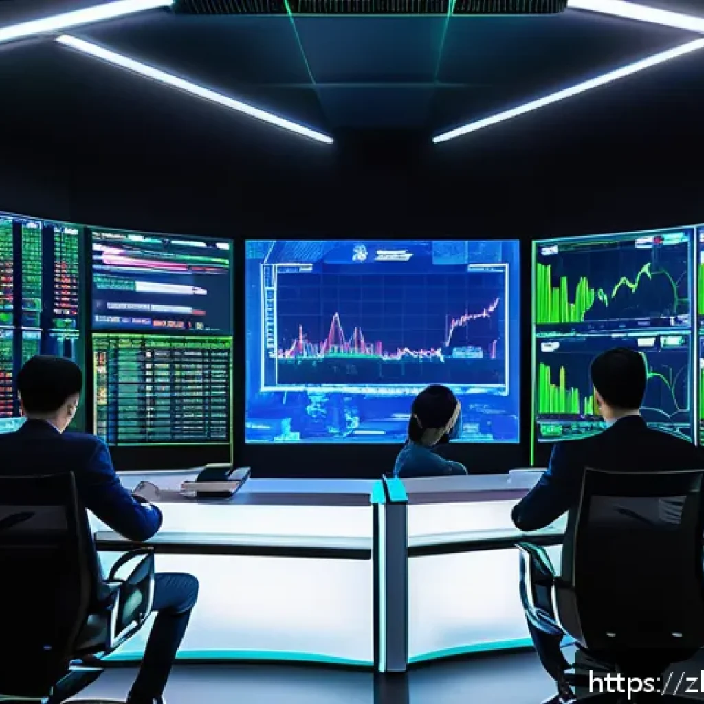 외환관리사와 신기술 도입 방법 - A futuristic financial trading room filled with multiple large transparent digital screens displayin...