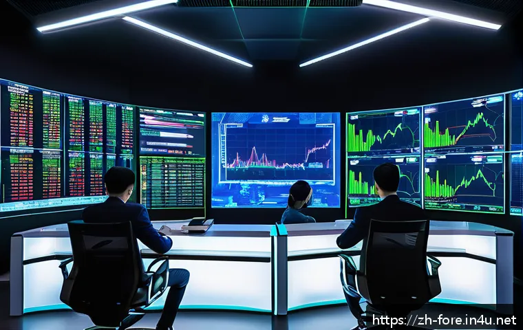 외환관리사와 신기술 도입 방법 - A futuristic financial trading room filled with multiple large transparent digital screens displayin...