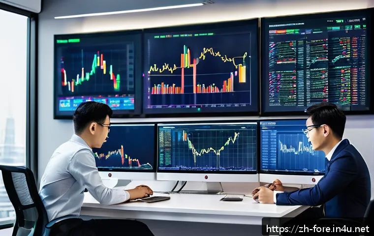 외환관리사와 외환 관리 성공 팁 - A modern office scene showing a diverse team of financial professionals analyzing forex market data ...