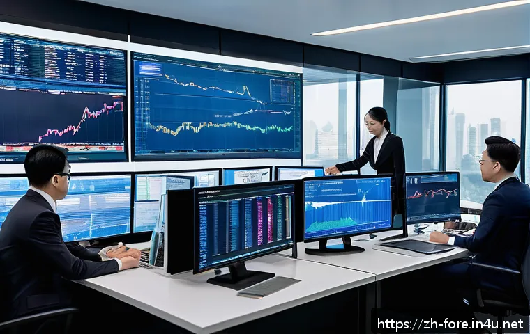 외환관리사와 외환 정책 변화 - A modern financial office scene showing a diverse team of professional forex compliance officers col...