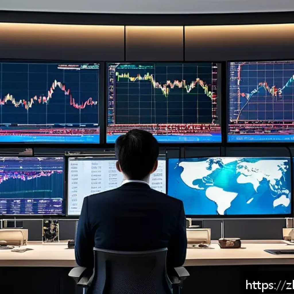 외환관리사 실무 적용 사례 - A modern financial trading office scene featuring a diverse team of professionals analyzing multiple...