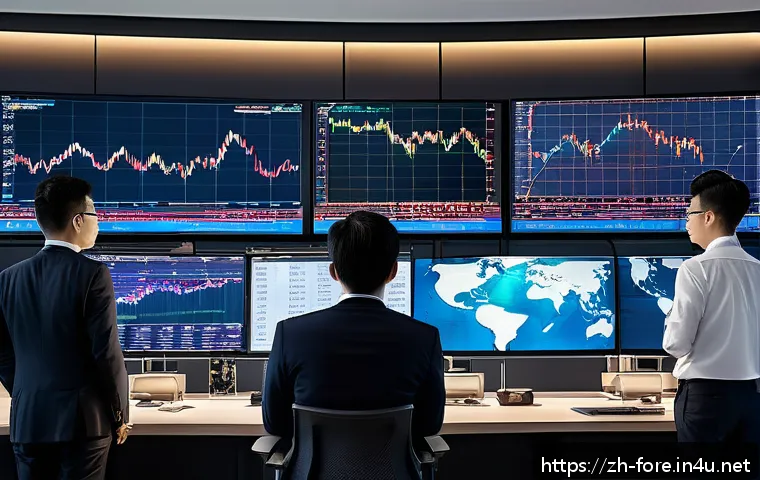 외환관리사 실무 적용 사례 - A modern financial trading office scene featuring a diverse team of professionals analyzing multiple...