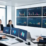 외환관리사 직무에서의 영어 활용법 - A modern, sleek office environment showing a diverse team of financial professionals engaged in a vi...