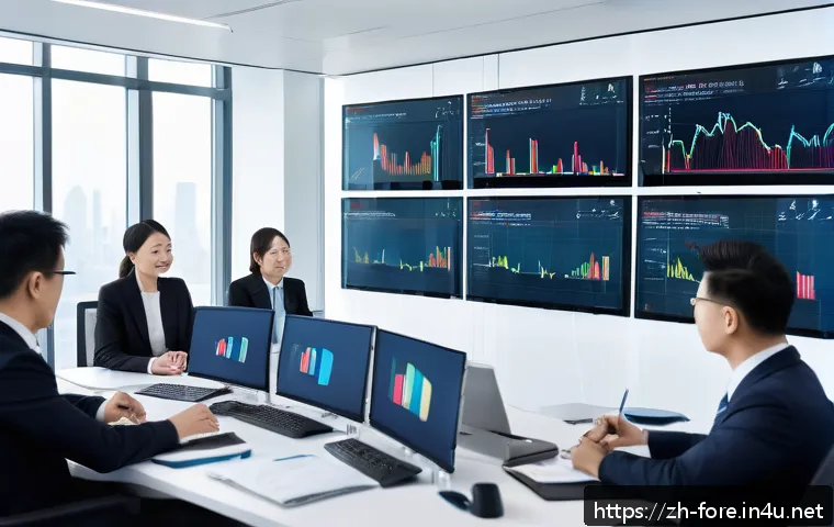 외환관리사 직무에서의 영어 활용법 - A modern, sleek office environment showing a diverse team of financial professionals engaged in a vi...