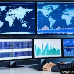 외환관리사와 외환 시장 변화 연구 - A sophisticated trading desk scene showing a professional forex trader analyzing multiple large moni...