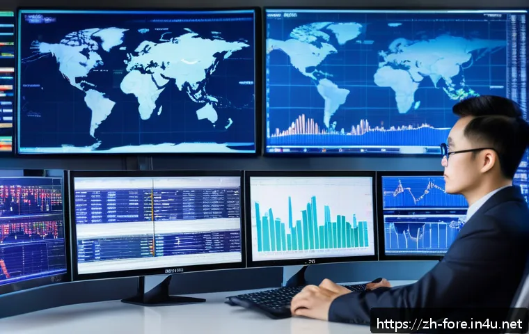 외환관리사와 외환 시장 변화 연구 - A sophisticated trading desk scene showing a professional forex trader analyzing multiple large moni...