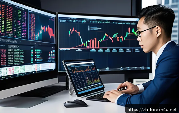 외환관리사와 외환 위험 평가 방법 - A modern financial analyst workspace with multiple large monitors displaying complex forex market ch...