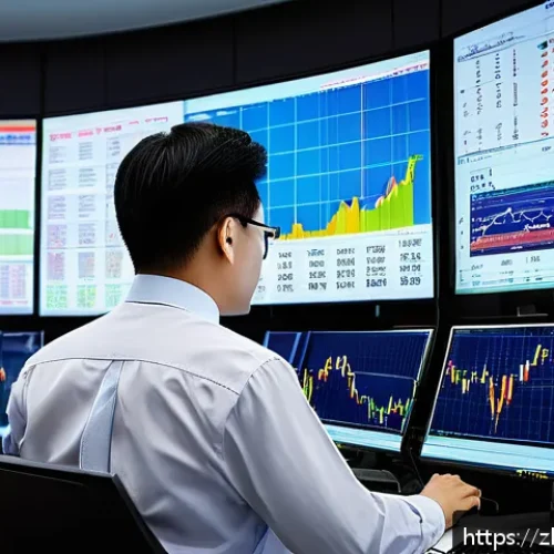 외환관리사와 외환 시장 전략 개발 - A modern forex trading office scene with multiple large monitors displaying dynamic currency pair ch...
