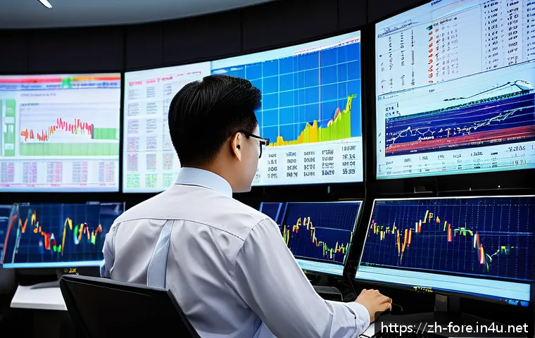외환관리사와 외환 시장 전략 개발 - A modern forex trading office scene with multiple large monitors displaying dynamic currency pair ch...
