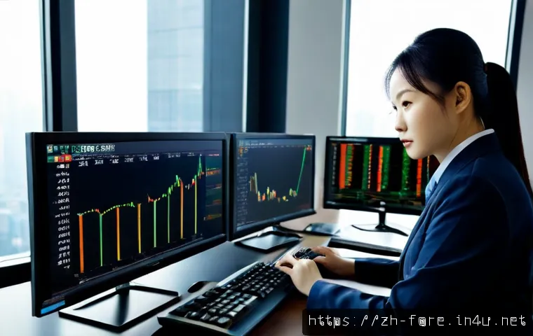 외환관리사와 금융 시장 흐름 - Photorealistic foreign exchange manager reviewing global market movement on dual widescreen monitors...
