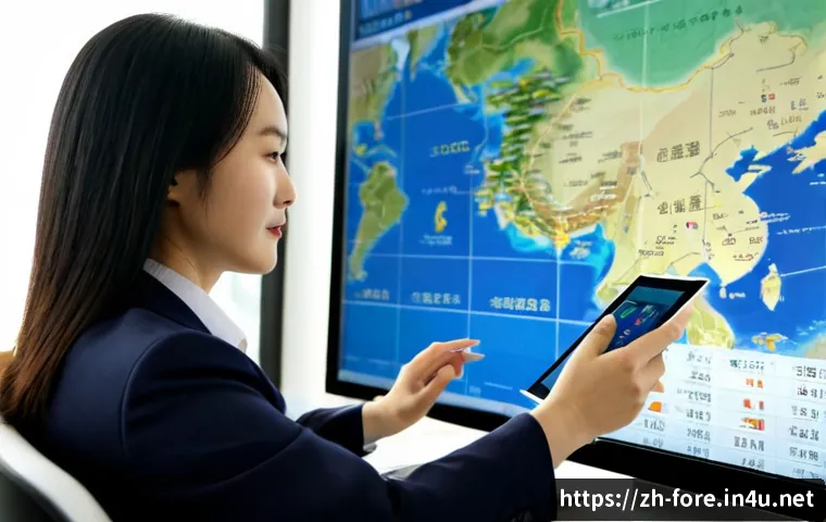 외환관리사와 금융 빅데이터 활용 - Photorealistic modern foreign exchange analyst at a clean financial office desk, comparing printed c...