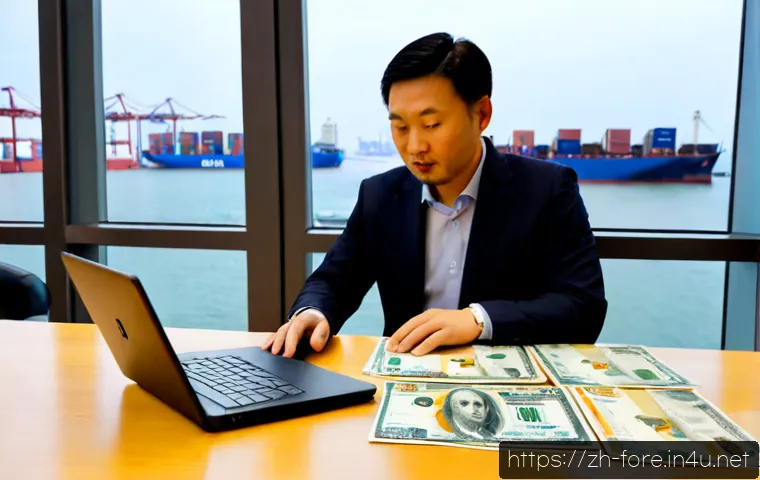 외환관리사와 수출입 업무 협업 - Photorealistic modern trade office, foreign exchange manager and import-export coordinator collabora...