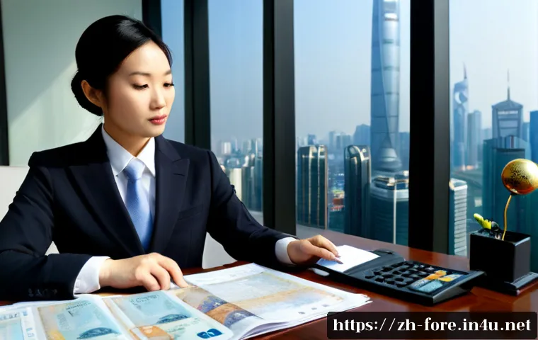 외환관리사와 외환 관련 최신 법률 - Photorealistic modern Chinese foreign exchange compliance specialist in a tailored business suit rev...
