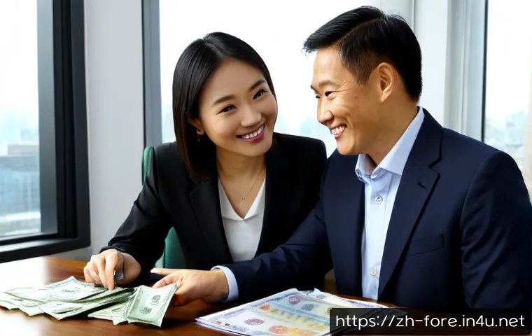 외환관리사와 고객 상담 성공 사례 - Photorealistic foreign exchange consultant in professional business attire warmly advising a satisfi...